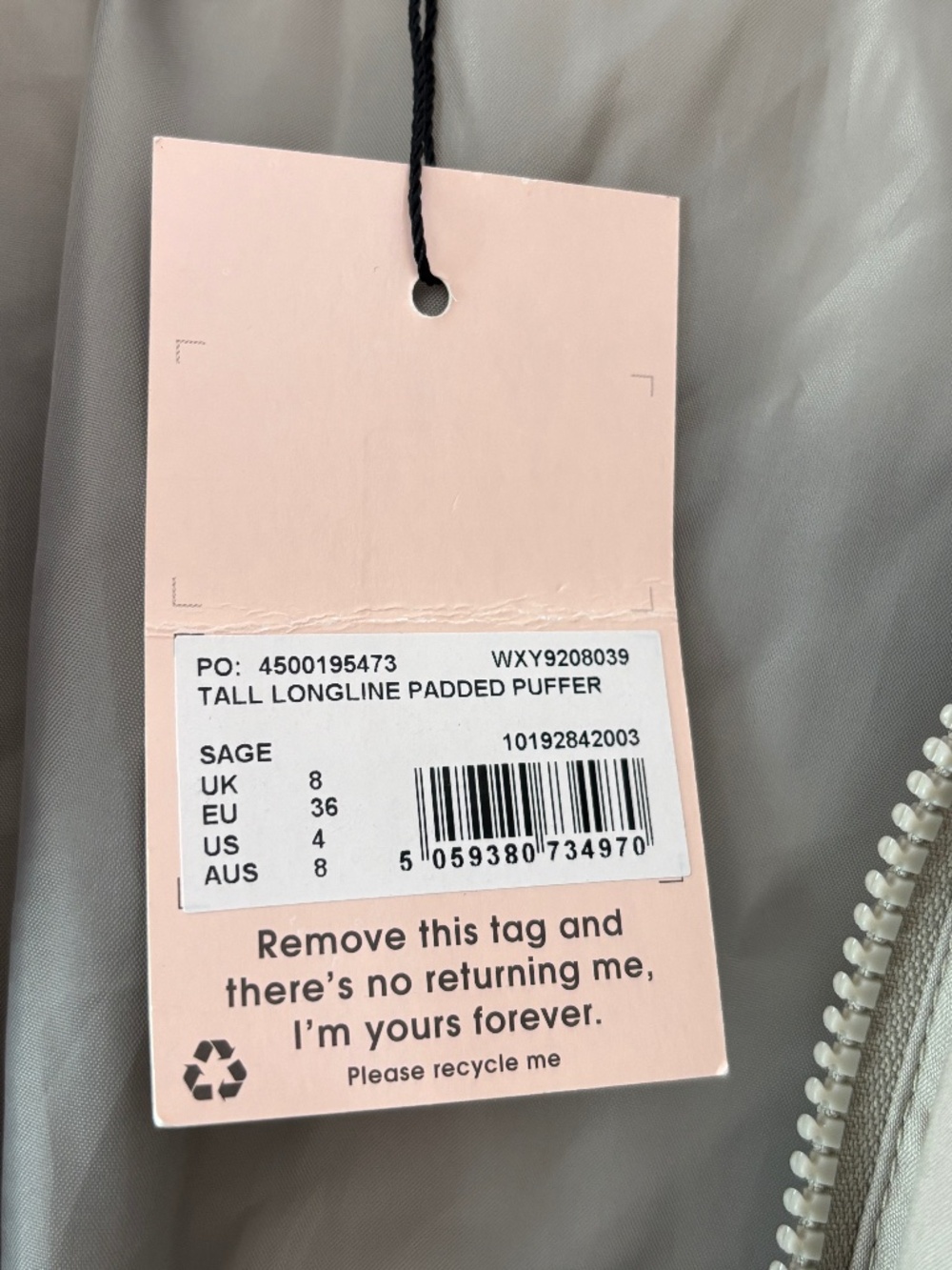 Missguided Tall Longline Padded Puffer Coat - Sage Green Size 4 - Picture 11 of 12